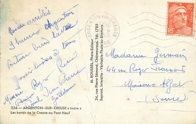 Bilhete postal moderno Argenton sur Creuse (Indre) As margens do rio Creuse no Ponte Nova — Verso