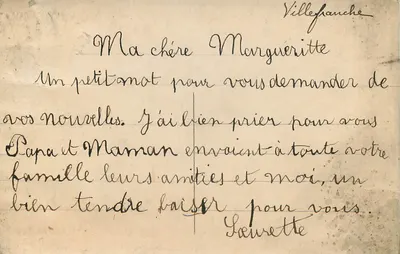 Bilhete postal antigo Souvenir Affectueux Criança Pomba — Verso