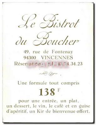 Bistrot du Boucher — Vincennes — uitgever onbekend, serie-nummer niet zichtbaar — Achterkant