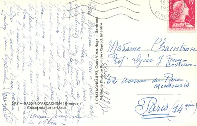 Basen Arcachon — cienista plaża z sosnami — L. CHATAGNEAU, Bordeaux — Rewers