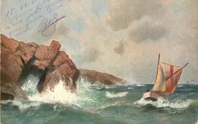 Embarcação a vela perto de rochedos — pintura — série 285, editor J. P. G. G. (ou similar)
