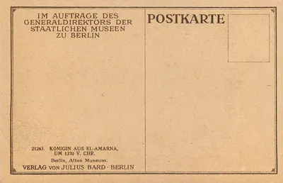 Królowa z El-Amarna — Egipska statua — Wydawnictwo Verlag Julius Bard, Berlin — Rewers