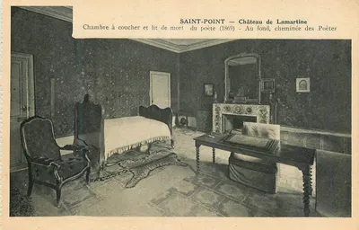 Saint-Point — Castelo de Lamartine — Quarto de dormir e leito de morte do poeta (1869) - No fundo, lareira dos Poetas