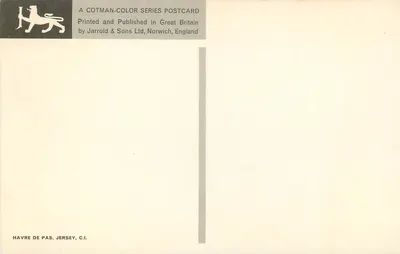 Havre de Pas, Jersey — praia e hotéis — série Cotman-Color, Jarrold & Sons Ltd, Norwich, Inglaterra — Verso