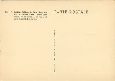 Lyon, Wzgórze Fourvières widziane z Croix-Rousse — między dwoma korytarzami Saôny, dawnego klasztoru Carmelite — wydawnictwo G.-L. Arlaud, Lyon, nr 1107 — Rewers