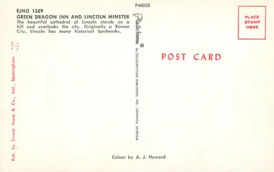 Green Dragon Inn e Lincoln Minster — vista da cidade — editor: Colourpicture Publishers, Inc., Norwich, Norfolk — Verso