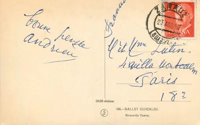 Bailarines en traje tradicional — Ballet Goizaldi — Romería Vasca, n°106 — Reverso