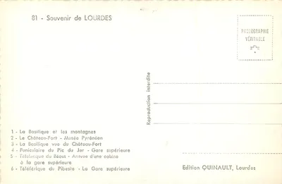 Lourdes — Vista panorâmica com basílica, castelo-fortaleza, teleférico — Edição Quinault — Verso