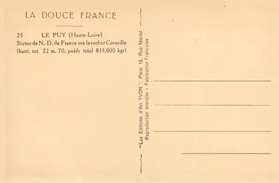 Le Puy (Haute-Loire) — Estátua de Nossa Senhora da França sobre o rochedo Corneille — Éditions d'Art YVON — Verso