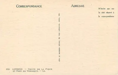 Luchon — Cachoeira da Pique e Porto de Venasque — Lévy e Neurbain Réunis, Imp. Paris — Verso
