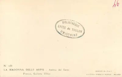 La Madonna delle Arpie — Andrea del Sarto — Wydawca Eliotipia Roberto Hoesch, Mediolan — Rewers
