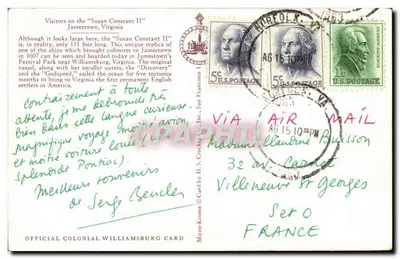 Visitantes na "Susan Constant II" — Jamestown, Virgínia — carta oficial de Williamsburg — Verso