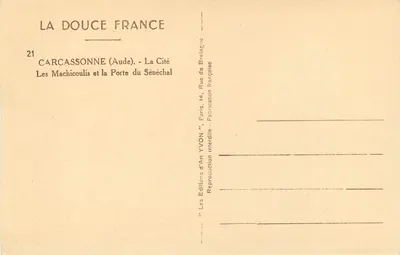 Carcassonne (Aude) — A Cidade, Os Machicoulis e a Porta do Senescal — Edições de Arte YVON, Paris — Verso