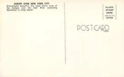 Zachód słońca nad Nowym Jorkiem — mosty nad East River — wydawca POST-CARD, n° P67303 — Rewers