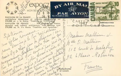 Pavillon de la France — Expo 67 — wydawca Plastichrome of Canada, n° 43-74-038 — Rewers