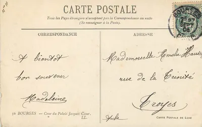 Bourges — Dziedziniec Pałacu Jacques Cœur — Karta pocztowa luksusowa — Rewers