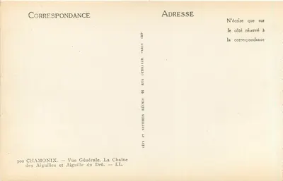 Chamonix — Widok ogólny. Łańcuch Aiguilles i Aiguille du Drû — Wydawca réunis 13BP — Rewers