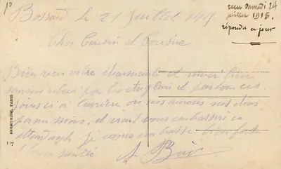 Soldado francês brandindo um fuzil — Souvenir d'Auguste Bixet — editor G. Borel, n°117 — Verso