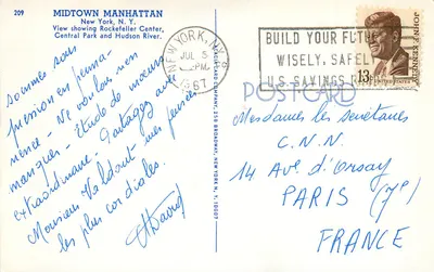 Midtown Manhattan — vista sobre o Rockefeller Center, Central Park e o rio Hudson — editor Rockland Card Company, n°209 — Verso