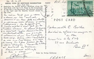 Vista aérea de Midtown Manhattan — Nações Unidas — Editor Color Picture Publishers, Inc. — Verso