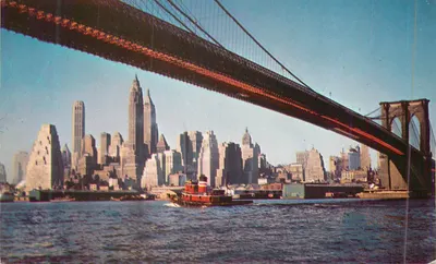 Ponte de Brooklyn — vista sobre Manhattan — Progressives Publications, Inc. n° 244 W. 49th St, N.Y.