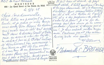 Hotel do Vieux Rocheux — Montreux, vista lacustre com montanhas no fundo — Edições Jaeger, n° 868 — Verso