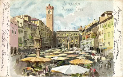 Verone - Piazza Erbe — vue animée avec fontaine et éditeur G. Modiano & Co. Milano (série 33)