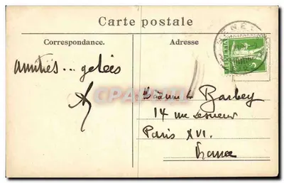 Genewa — Rue du Montblanc — widok miejski z tramwajem i hotelu Schweizerhof — wydawca nieznany — Rewers