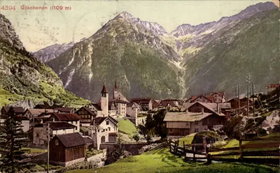 Göschenen (1109 m) — vista panorâmica do vilarejo encaixado entre montanhas — Edição Phototeller Co., Zürich, n° 4394