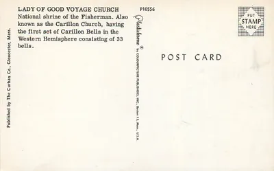 Kościół św. Dobrej Podroży — Gloucester, Mass. — wydawca Fadilichrome, nr P10556 — Rewers