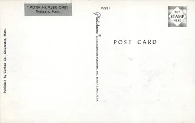 Statek i czerwona chatka w Rockport — Motif Number One — Curthan Co., Gloucester, Mass. — Rewers