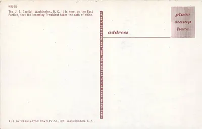Capitólio dos Estados Unidos — Washington D.C. — editor H.S. Crocker Co., San Francisco, Califórnia — n° WN-45 — Verso