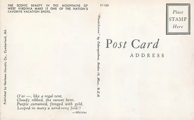 Zachód słońca nad górami Virginii Zachodniej — 'Plastichrome' przez Calamapictures, Boston 15, Mass., USA — nr P1180 — Rewers