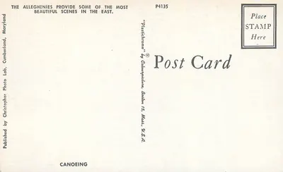 Kanoëren — Maryland, Cumberland — Plastichrome by Colorpicture, Boston, Mass. U.S.A. — Achterkant