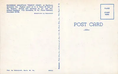 Backbone Mountain Tourist Court — Backbone Mountain Inn — Naturecraft, Davis, W. Va. n° 65633 — Verso