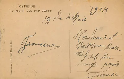 Ostende, Plac Van der Zweeep — widok placu z kościołem i tramwajami — wydawca Simili, A. S. Forest-Bruxelles, nr 10 — Rewers