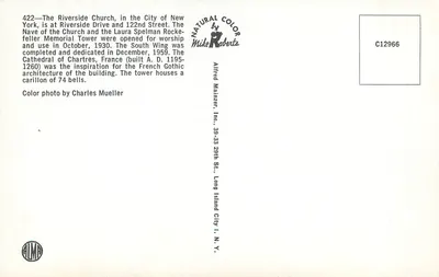 Riverside Church — Nova Iorque — Alfred Mainzer, Inc. — Verso