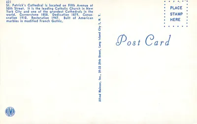 Catedral de São Patrício — Nova York — Alfred Mainzer, Inc. — Verso