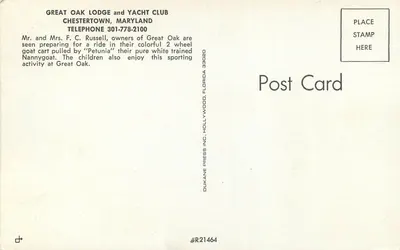 Casal com cabra puxando carrinho — Great Oak Lodge and Yacht Club, Chestertown, Maryland — Dukane Press Inc., Hollywood, Florida, #R21464 — Verso