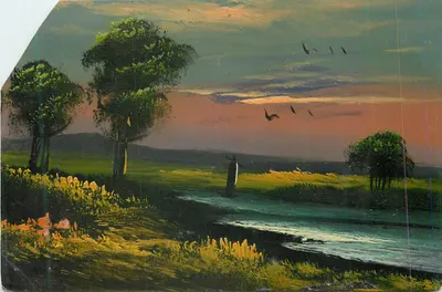 Paysage au crépuscule — oiseaux en vol — Union Postale Universelle