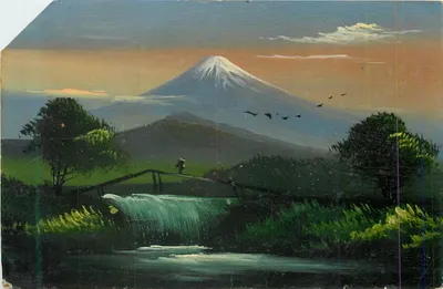 Monte Fuji — paisagem ao pôr do sol com um ponte e um vendedor — editor desconhecido, número de série não visível