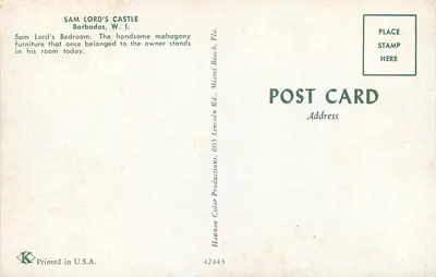 Quarto de Sam Lord — Castelo de Sam Lord, Barbados, W.I. — Hannan Color Productions, n° 42443 — Verso