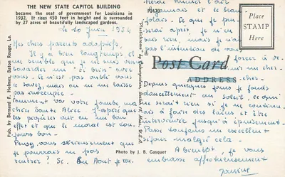 O Novo Capitólio da Louisiana — Baton Rouge — Pub. by J. B. Gasquet — Verso
