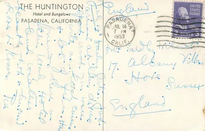 Hotel Huntington i bungalowy — Pasadena, Kalifornia — wydawca nieznany — Rewers