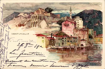 Ventimiglia — widok portu i wzgórzy — wydawca Schmidt-Staub & Cie, Nister Nurnberg