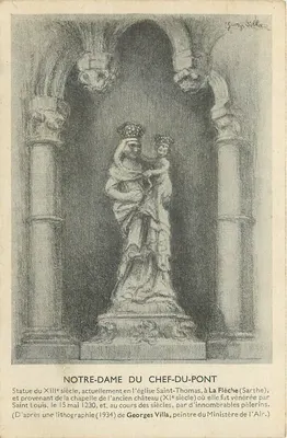 Nossa Senhora do Chef-du-Pont — estátua do Século XIII, Igreja de São Tomás, La Flèche (Sarthe) — litografia de Georges Villa (1934)