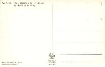 Genewa — Widok z lotu nad fontanną, portem i miastem — Wydawnictwo Jaeger, nr 17741 — Rewers
