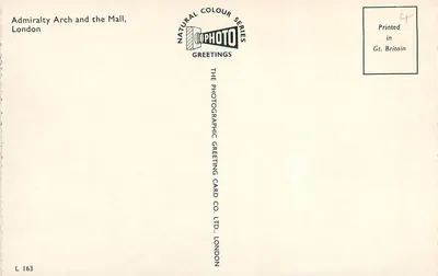 Admiralty Arch i The Mall — Londyn — THE PHOTOGRAPHIC GREETING CARD CO. LTD. LONDON — Rewers