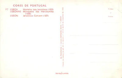 Mosteiro dos Jerónimos — Lisboa — Editor Cores de Portugal, n° P7 — Verso