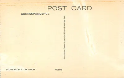 Scone Palace. Biblioteka — Scone Palace, Wydawca Correspondence Ltd. n° PT35948 — Rewers